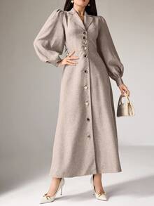 Heiryn Women's Solid Color Lapel NeckPuffed Long Sleeve Single-Breasted Elegant Dress,Work Dresses - Khaki - View 3