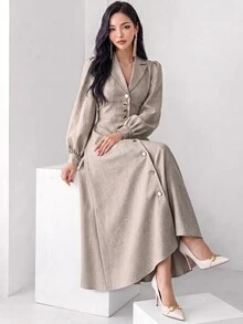 Heiryn Women's Solid Color Lapel NeckPuffed Long Sleeve Single-Breasted Elegant Dress,Work Dresses - Khaki - View 1
