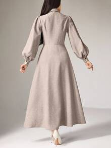 Heiryn Women's Solid Color Lapel NeckPuffed Long Sleeve Single-Breasted Elegant Dress,Work Dresses - Khaki - View 7