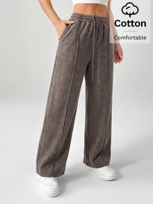 SHEIN PETITE Snow-Washed Women's Drawstring Wide Leg Sweatpants ,Petite Women - Coffee Brown - View 6