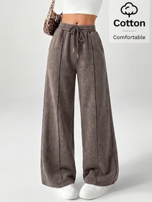 SHEIN PETITE Snow-Washed Women's Drawstring Wide Leg Sweatpants ,Petite Women - Coffee Brown - View 8
