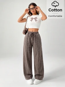 SHEIN PETITE Snow-Washed Women's Drawstring Wide Leg Sweatpants ,Petite Women - Coffee Brown - View 5