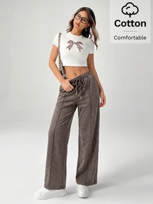 SHEIN PETITE Snow-Washed Women's Drawstring Wide Leg Sweatpants ,Petite Women - Coffee Brown - View 3