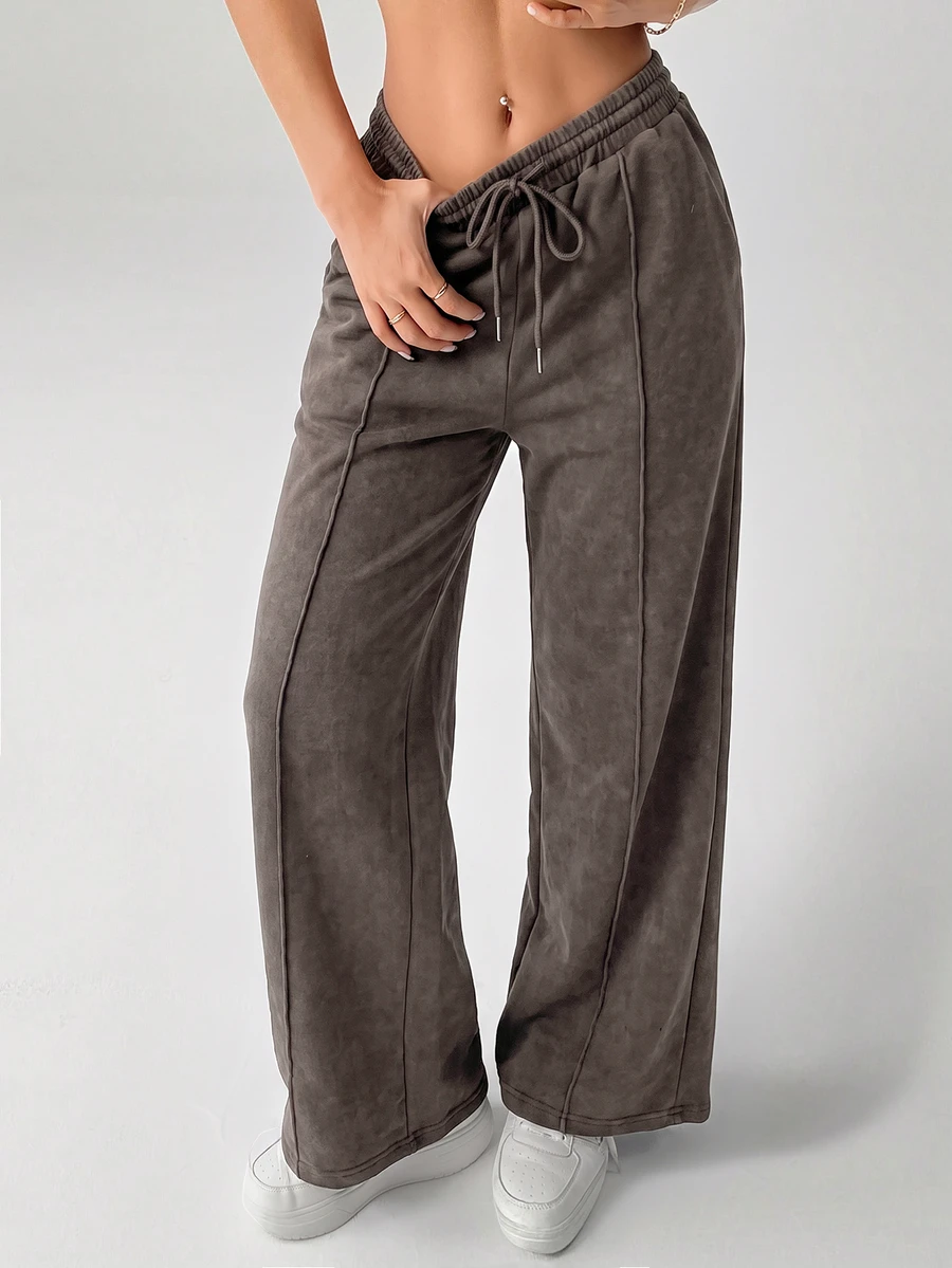 SHEIN PETITE Snow-Washed Women's Drawstring Wide Leg Sweatpants ,Petite Women - Coffee Brown - View 1