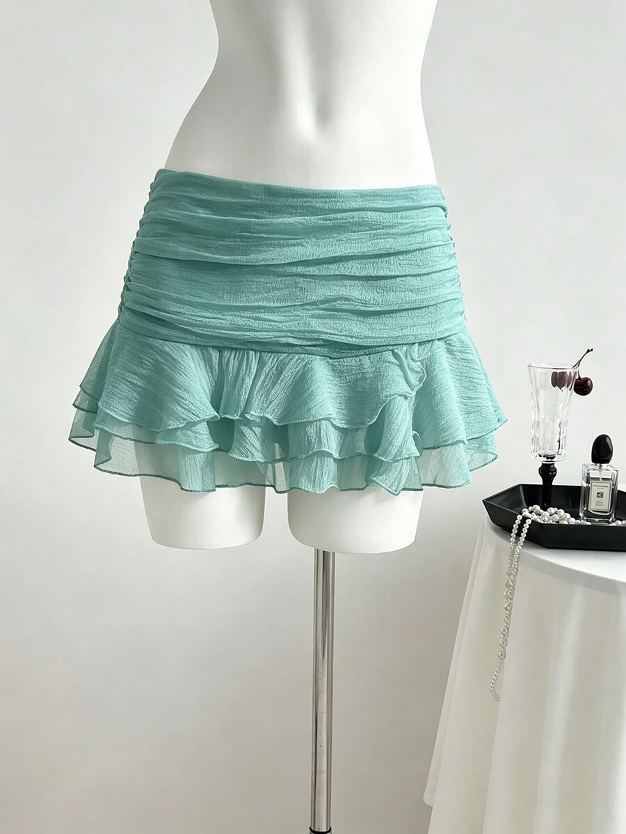 Elamini Women's Elegant Cute Sexy Ruffle Pleated Design Vacation Style Skirt, Suitable For Party Date Night Wear, Beach Wear, Autumn Essential, Sage Green - Mint Green - View 1