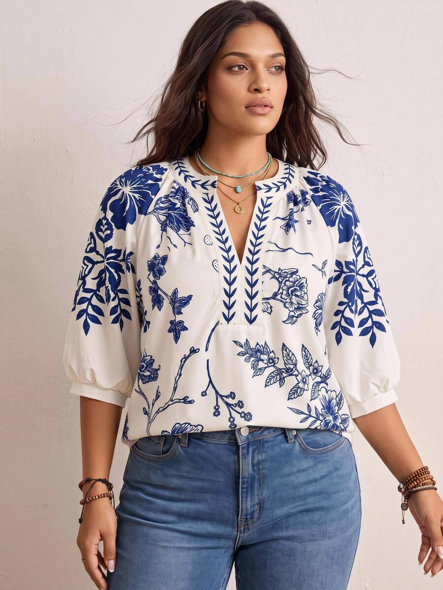 Nubod Fashionable Boho Casual Vacation Retro Elegant Commuting 3/4 Sleeve White Floral Print Shirt Fall - Blue and White - View 1
