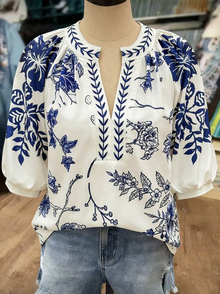 Nubod Fashionable Boho Casual Vacation Retro Elegant Commuting 3/4 Sleeve White Floral Print Shirt Fall - Blue and White - View 7