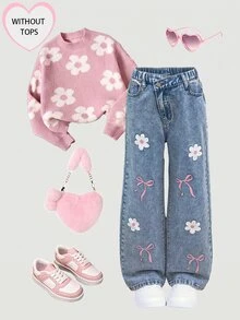 SHEIN Girls' Cartoon Floral & Tween Girl Tween Girl Bow Pattern Blue Denim Waist Loose Long Pants Fall Winter 2026 Cute Y2k Versatile Halloween New Year - Blue - View 2