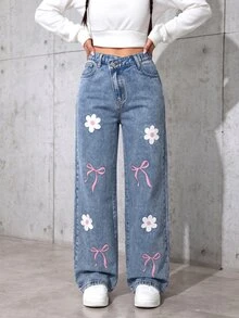 SHEIN Girls' Cartoon Floral & Tween Girl Tween Girl Bow Pattern Blue Denim Waist Loose Long Pants Fall Winter 2026 Cute Y2k Versatile Halloween New Year - Blue - View 5