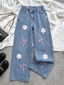 SHEIN Girls' Cartoon Floral & Tween Girl Tween Girl Bow Pattern Blue Denim Waist Loose Long Pants Fall Winter 2026 Cute Y2k Versatile Halloween New Year - Blue - View 3