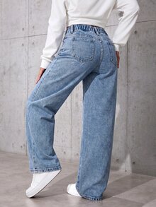 SHEIN Girls' Cartoon Floral & Tween Girl Tween Girl Bow Pattern Blue Denim Waist Loose Long Pants Fall Winter 2026 Cute Y2k Versatile Halloween New Year - Blue - View 4