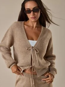 SHEIN طقم نسائي من قطعتين كاردجان كاجوال بأزرار أمامية وشرائط وراينستون وأكمام طويلة مع بنطلون سويتر متناسق - بني مخاوي - مشاهدة 4