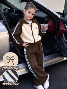 2pcs/Set Tween Girls Colorblock Hooded Jacket & Pants, Beige & Brown, Bow Print, Blue Webbing, Casual Preppy, Daily Wear, School, Outings, Fall, Winter - Multicolor - View 1