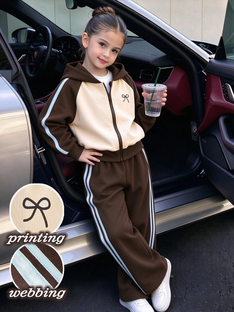 2pcs/Set Tween Girls Colorblock Hooded Jacket & Pants, Beige & Brown, Bow Print, Blue Webbing, Casual Preppy, Daily Wear, School, Outings, Fall, Winter - Multicolor - View 1