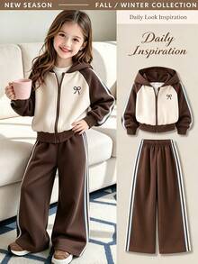 2pcs/Set Tween Girls Colorblock Hooded Jacket & Pants, Beige & Brown, Bow Print, Blue Webbing, Casual Preppy, Daily Wear, School, Outings, Fall, Winter - Multicolor - View 3