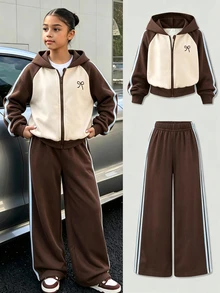 2pcs/Set Tween Girls Colorblock Hooded Jacket & Pants, Beige & Brown, Bow Print, Blue Webbing, Casual Preppy, Daily Wear, School, Outings, Fall, Winter - Multicolor - View 4