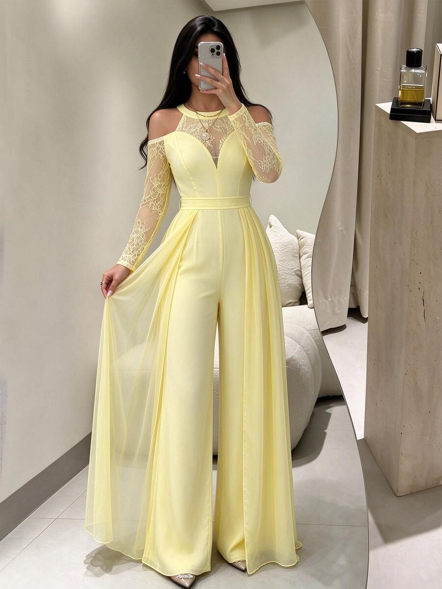 Modelyn 性感蕾丝拼接长袖露肩亮片优雅连体裤（女款）