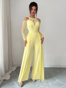 Modelyn 性感蕾丝拼接长袖露肩亮片优雅连体裤（女款） - 黃色 - 查看 8