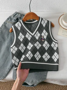 SHEIN Vintaside Kids Young Boy Diamond Lattice Casual Daily Wear Knitted Vest - Dark Grey - View 8