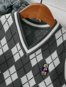 SHEIN Vintaside Kids Young Boy Diamond Lattice Casual Daily Wear Knitted Vest - Dark Grey - View 4