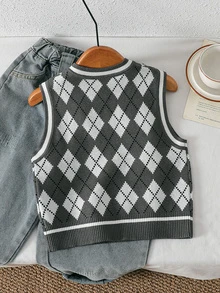 SHEIN Vintaside Kids Young Boy Diamond Lattice Casual Daily Wear Knitted Vest - Dark Grey - View 2
