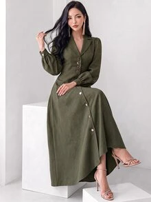 Heiryn Long Women's Solid Color Casual Dress, Simple & Fashionable For Everyday Wear,Tea Party Dress - Army Green - View 3