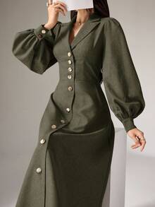 Heiryn Long Women's Solid Color Casual Dress, Simple & Fashionable For Everyday Wear,Tea Party Dress - Army Green - View 7
