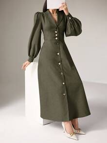 Heiryn Long Women's Solid Color Casual Dress, Simple & Fashionable For Everyday Wear,Tea Party Dress - Army Green - View 6