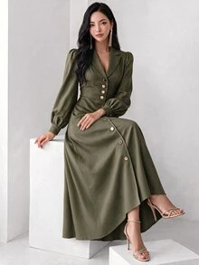 Heiryn Long Women's Solid Color Casual Dress, Simple & Fashionable For Everyday Wear,Tea Party Dress - Army Green - View 2