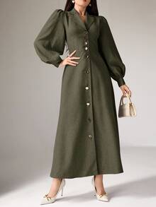 Heiryn Long Women's Solid Color Casual Dress, Simple & Fashionable For Everyday Wear,Tea Party Dress - Army Green - View 8