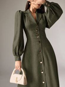 Heiryn Long Women's Solid Color Casual Dress, Simple & Fashionable For Everyday Wear,Tea Party Dress - Army Green - View 1