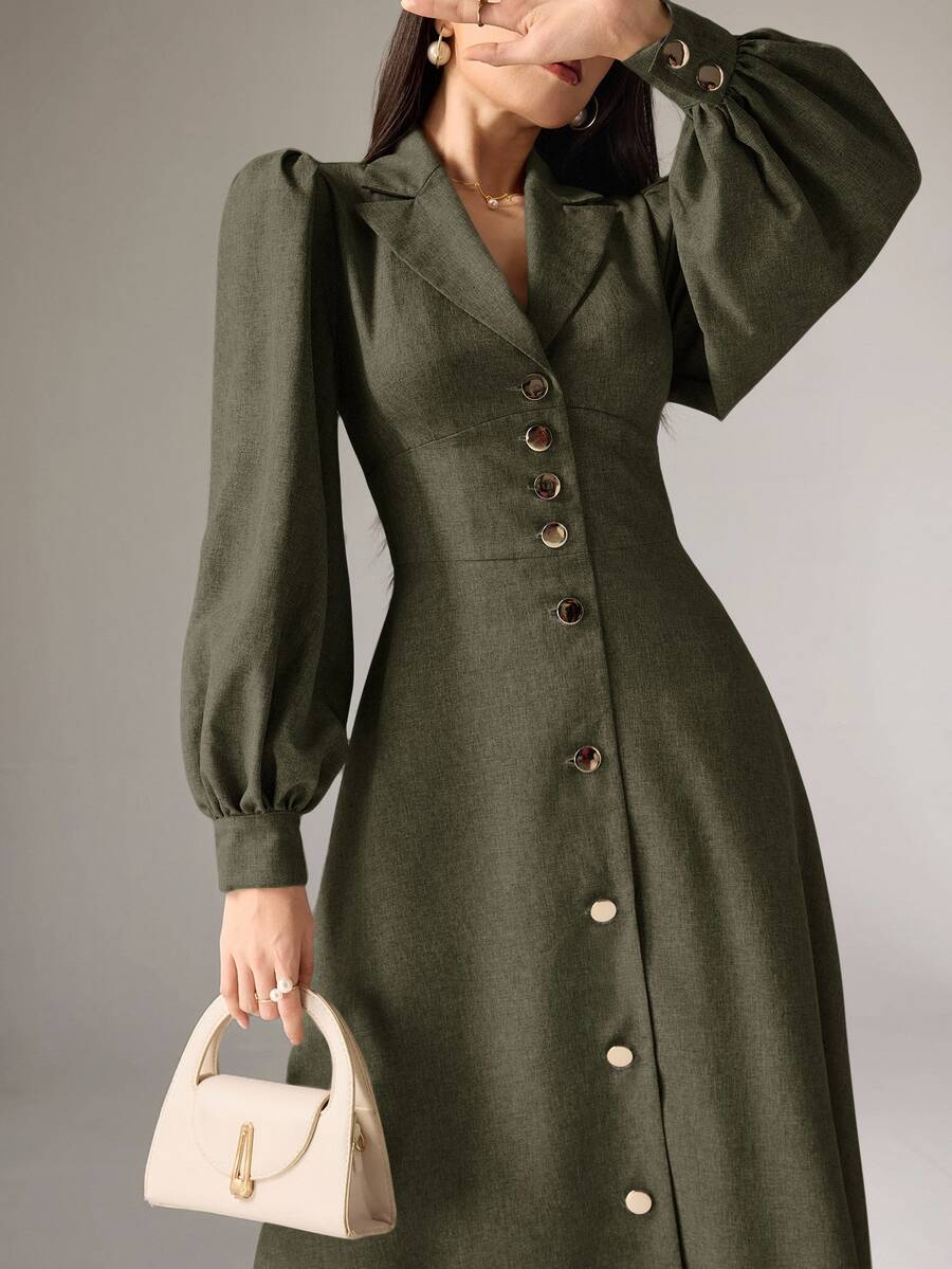 Heiryn Long Women's Solid Color Casual Dress, Simple & Fashionable For Everyday Wear,Tea Party Dress - Army Green - View 1