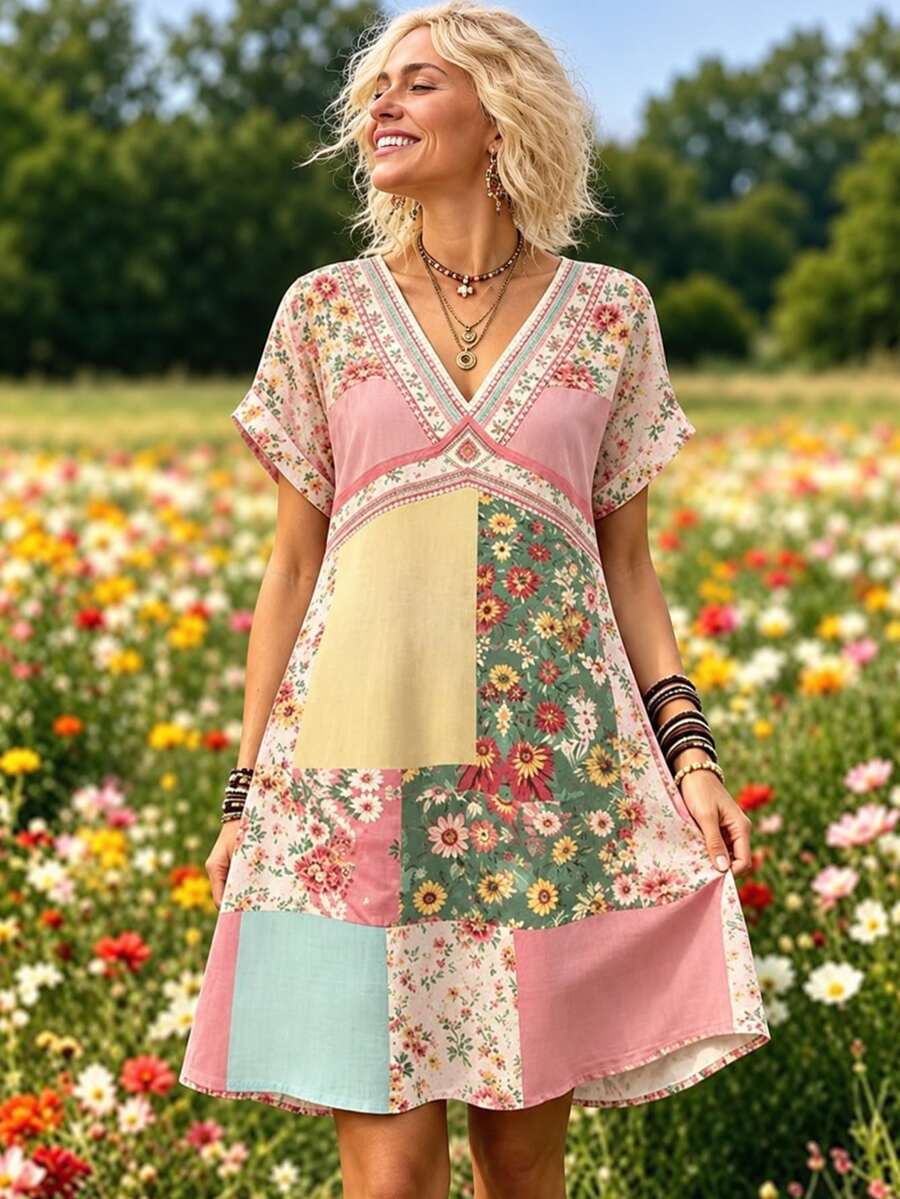 Selamara 波希米亞風仿拼接花卉印花短袖上衣,女款夏季度假休閒復古V領洋裝 - 彩色 - 查看 1