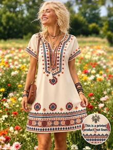 Selamara Notched V-Neck Short Sleeve Waist-Cinching Long Dress For Women - Apricot - View 1