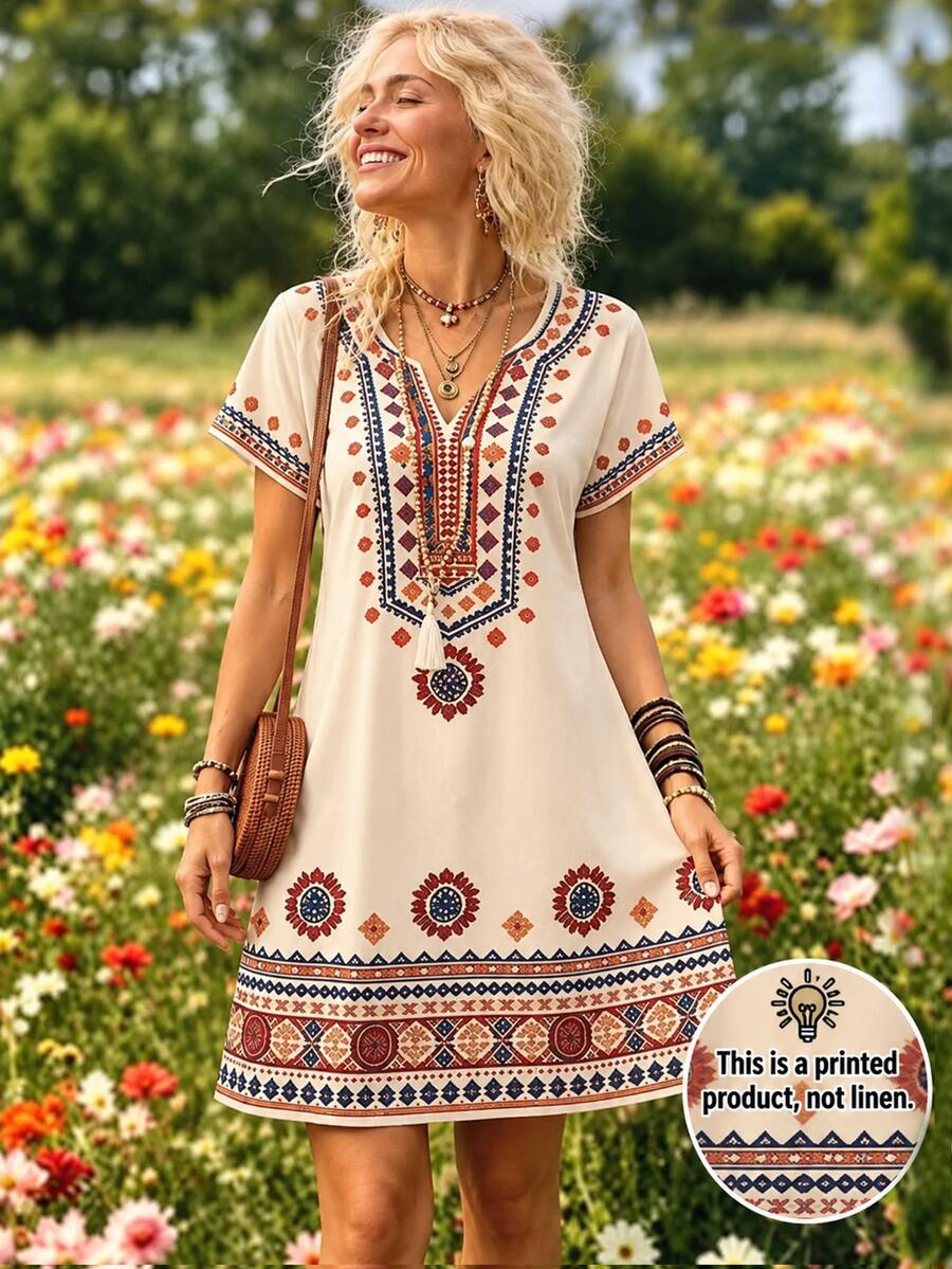 Selamara Notched V-Neck Short Sleeve Waist-Cinching Long Dress For Women - Apricot - View 1