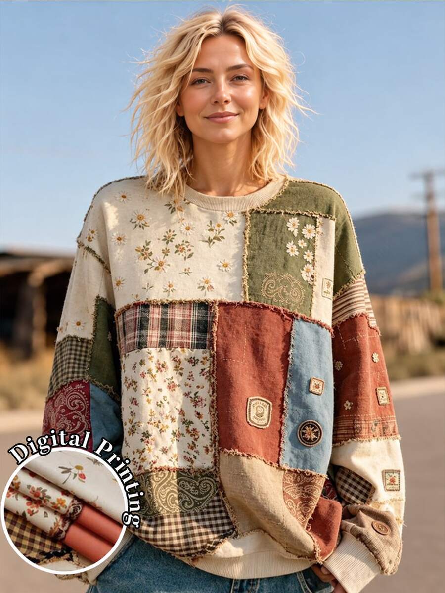 Selamara Women's Pastoral Ditsy Floral Colorblock Patchwork Raw Edge Crew Neck Sweatshirt, Vintage Niche Loose Long Sleeve Top - Multicolor - View 1