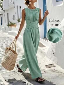Selamara Women's Solid Color Sleeveless Casual Tropical Elegant Vacation Jumpsuit Sage Green Summer - Mint Green - View 3