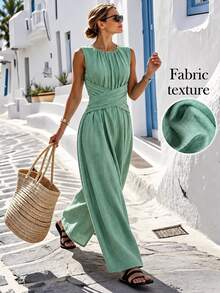 Selamara Women's Solid Color Sleeveless Casual Tropical Elegant Vacation Jumpsuit Sage Green Summer - Mint Green - View 1
