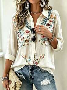 Bytebia Bytebia Fall Plus Size Women's Fashion Floral Print Lapel Single-Breasted Long Sleeve Top Vacation Beige Boho Casual - Multicolor - View 6