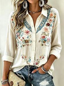 Bytebia Bytebia Fall Plus Size Women's Fashion Floral Print Lapel Single-Breasted Long Sleeve Top Vacation Beige Boho Casual - Multicolor - View 4