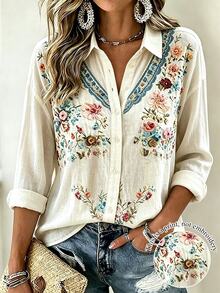 Bytebia Bytebia Fall Plus Size Women's Fashion Floral Print Lapel Single-Breasted Long Sleeve Top Vacation Beige Boho Casual - Multicolor - View 3