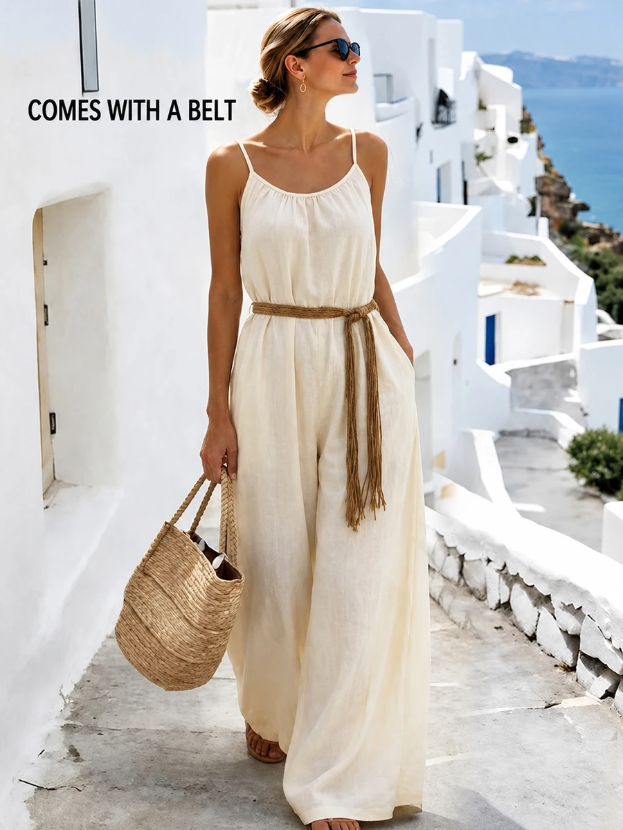 Selamara Women's Solid Color Pleated Casual Daily Outing Camisole Wide Leg Jumpsuit - Apricot - View 1