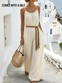 Selamara Women's Solid Color Pleated Casual Daily Outing Camisole Wide Leg Jumpsuit - Apricot - View 3