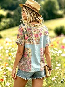 Selamara Bohemian Style Cottage Core Boho Light Blue Floral Faux Embroidery V-Neck T-Shirt, Summer Vacation Casual Short Sleeve Top - Multicolor - View 2