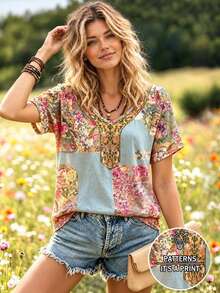 Selamara Bohemian Style Cottage Core Boho Light Blue Floral Faux Embroidery V-Neck T-Shirt, Summer Vacation Casual Short Sleeve Top - Multicolor - View 1