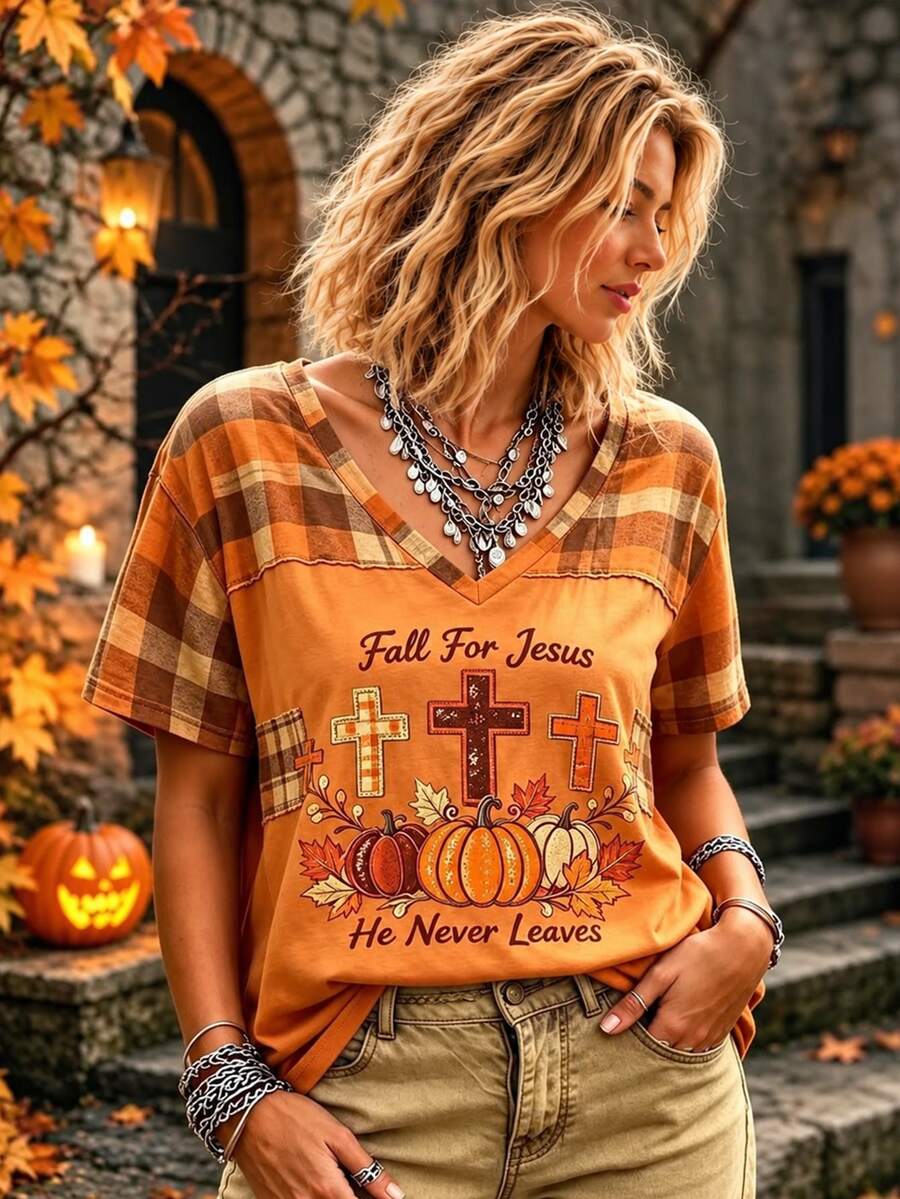 Selamara Women's Thanksgiving Print V-Neck T-Shirt Everyday Family Orange Summer Cottagecore Casual - Multicolor - View 1