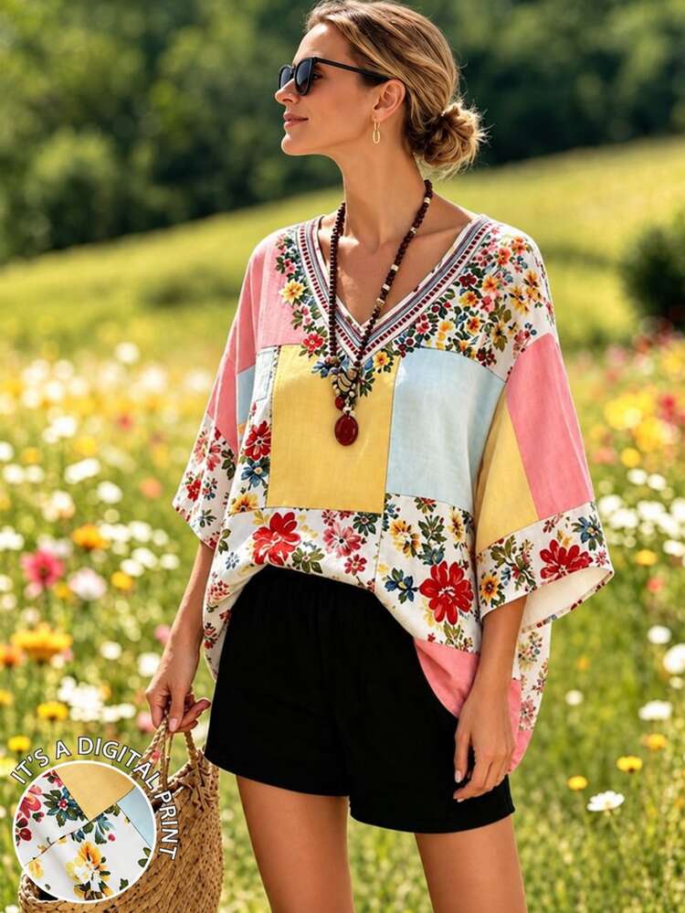 Selamara Boho Patchwork Embroidered V-Neck Printed Cover Up For Women Batwing Sleeve Ditsy Floral Short Sleeve Shirt Garden Party White Floral Summer - Multicolor - View 1