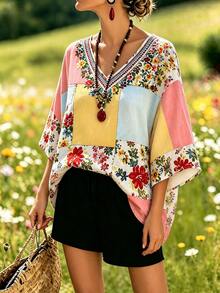 Selamara Boho Patchwork Embroidered V-Neck Printed Cover Up For Women Batwing Sleeve Ditsy Floral Short Sleeve Shirt Garden Party White Floral Summer - Multicolor - View 6