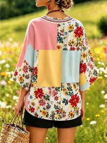 Selamara Boho Patchwork Embroidered V-Neck Printed Cover Up For Women Batwing Sleeve Ditsy Floral Short Sleeve Shirt Garden Party White Floral Summer - Multicolor - View 2