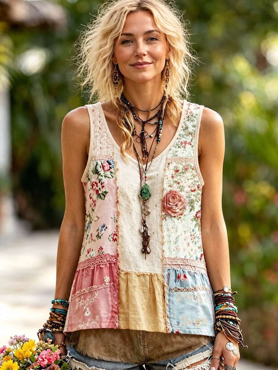 Selamara Women's Floral Print V-Neck Casual Versatile Tank Top - Multicolor - View 1